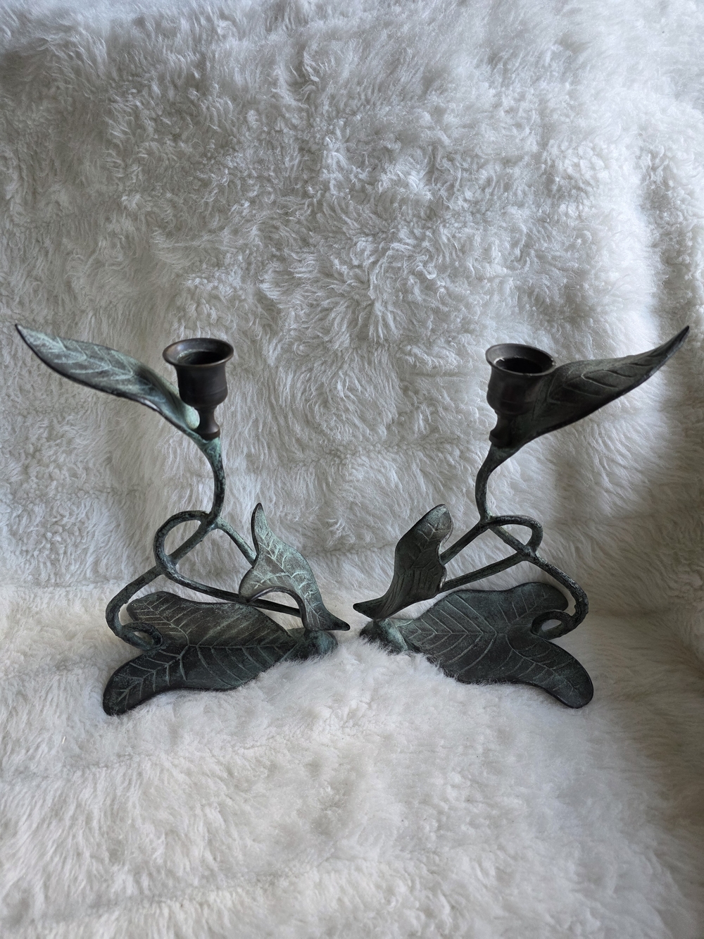 Vintage Patina Green Leaf Metal Candle Holders - Set of 2